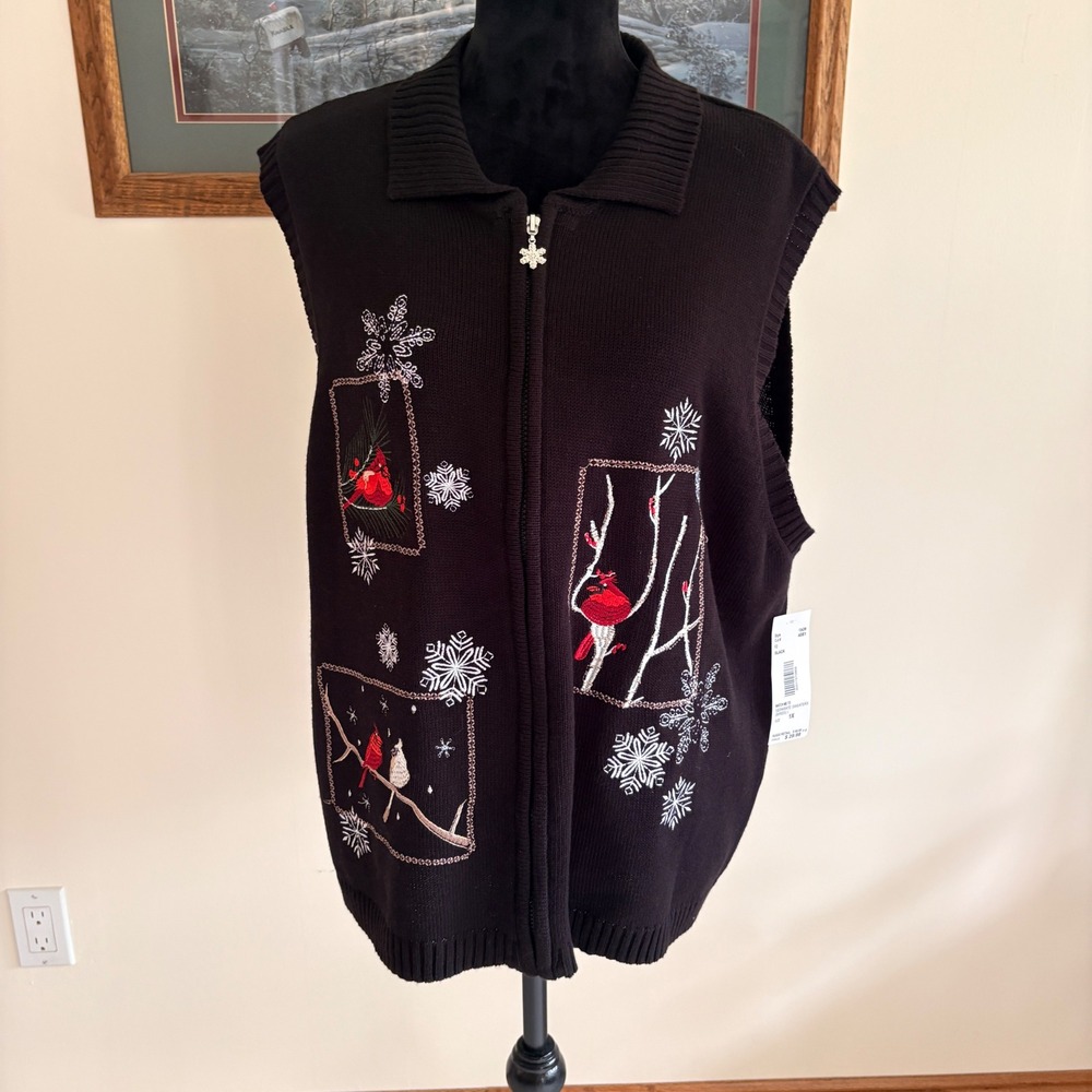 Southern Lady Cardinal Snowflake Sweater Vest Women 1X Black Zip Up Holiday Knit